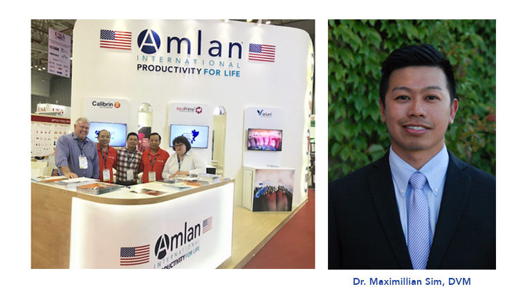 Amlan team at booth and Dr. Sim profile.