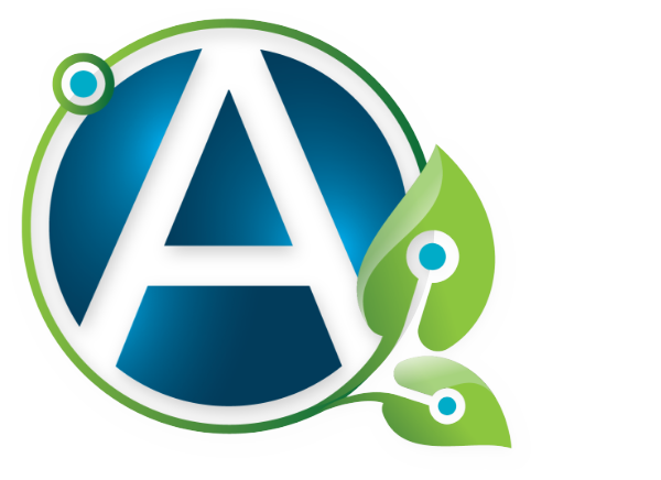 Logotipo da Amlan com gráfico de folha verde.