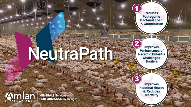 Logotipo de NeutraPath® y granja avícola en el fondo.
